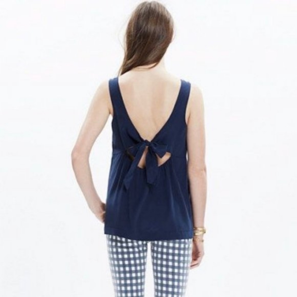 Madewell Lookout navy silk tank top bow low back